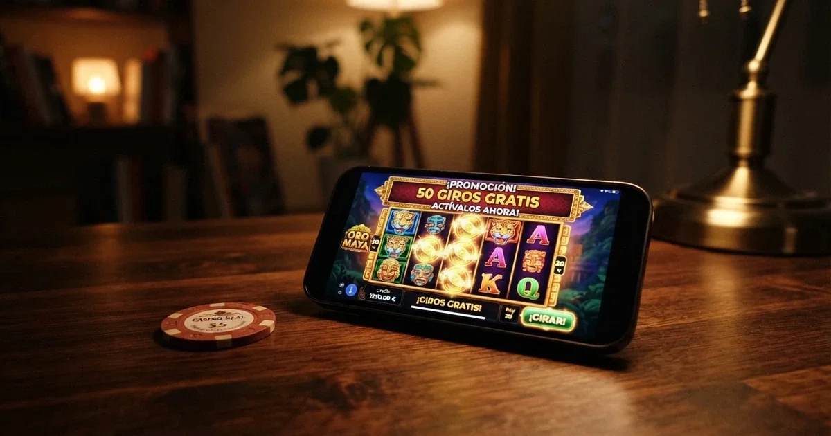 Interfaz de un casino online español con una oferta de giros gratis destacada en pantalla